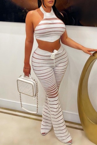 White Sexy Striped Bandage See-through Backless Halter Sleeveless Two Pieces