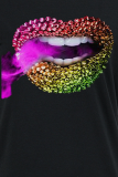 Camisetas con cuello en O de patchwork estampado de labios casuales negros