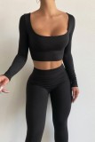 Brownness Casual Sportswear Solid Basic O Neck Long Sleeve Two Pieces