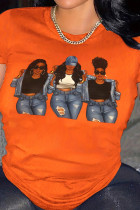 T-shirt con collo a O patchwork con stampa casual nera arancione