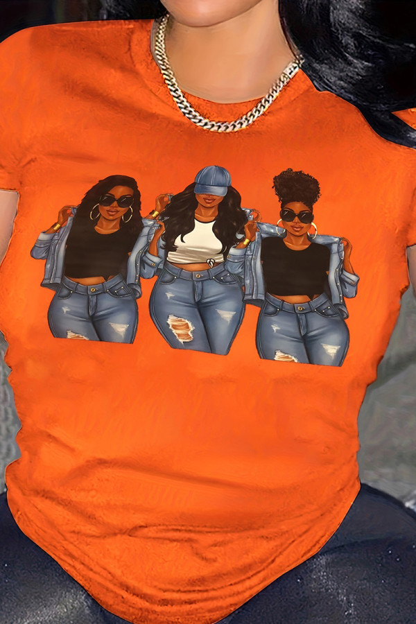 T-shirts à col rond en patchwork imprimé de rue décontracté orange noir
