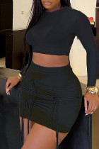 Black Sexy Casual Solid Patchwork See-through O Neck Long Sleeve Two Pieces Crop Tops And Skirts Sets