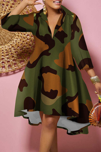Green Casual Print Patchwork V Neck Printed Dress Plus Size Dresses