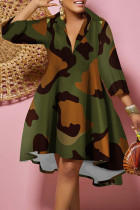 Robe imprimée décontractée verte à col en V et patchwork, robes de grande taille