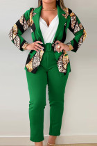 Patchwork con stampa elegante verde con cintura colletto risvoltato manica lunga due pezzi