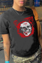 Zwarte casual street print schedel patchwork T-shirts met ronde hals
