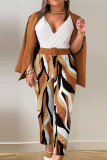 White Elegant Print Patchwork With Belt Turn-back Collar Long Sleeve Two Pieces