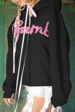Black Casual Letter Print Basic Hooded Collar Tops