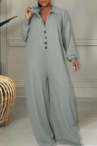 Grey Casual Solid Patchwork Pocket Buckle Turndown Collar Plus Size Jumpsuits