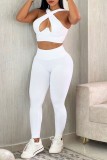 White Sexy Casual Sportswear Solid Hollowed Out Backless Spaghetti Strap Sleeveless Two Pieces