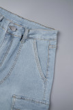 Light Blue Casual Solid Patchwork Pocket Buttons Zipper High Waist Straight Baggy Jeans Shorts Cargo Denim Shorts(No Belt)