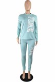 Blue Casual Print Letter O Neck Long Sleeve Two Pieces