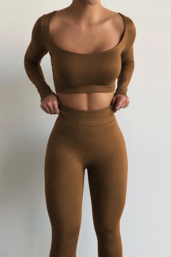 Brownness Casual Sportswear Solid Basic O Neck Long Sleeve Two Pieces