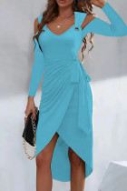 Hemelsblauwe casual effen frenulum jurken met V-hals en lange mouwen