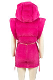 Rose Red Casual Solid Patchwork Frenulum Hooded Collar Outerwear