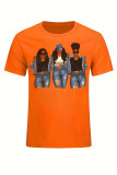 Schwarz-orangefarbene, lässige Street-Print-Patchwork-T-Shirts mit O-Ausschnitt