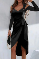 ブラック カジュアル ソリッド 小帯 V ネック ロング スリーブ ドレス