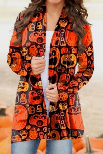 Tangerine Red Casual Print Cardigan Outerwear