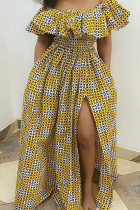 Amarelo casual trabalho elegante impressão mista ponto leopardo retalhos impressão fora do ombro cintura vestidos de saia