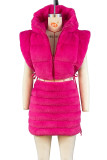 Rose Red Casual Solid Frenulum Zipper Hooded Collar Sleeveless Two Pieces