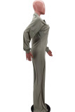 Grey Casual Solid Patchwork Pocket Buckle Turndown Collar Plus Size Jumpsuits