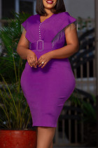 Purple Elegant Solid Tassel Patchwork With Belt V Neck Pencil Skirt Dresses