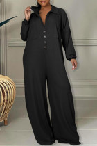 Zwarte casual effen patchwork zak met gesp en kraag, grote maten jumpsuits