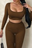 Brownness Casual Sportswear Solid Basic O Neck Long Sleeve Two Pieces