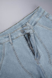 Hellblaue, lässige, solide Patchwork-Taschenknöpfe, Reißverschluss, gerade Denim-Shorts mit hoher Taille (ohne Gürtel)