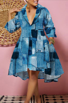Cowboyblå Casual Print Patchwork V-halstryckt klänning Plus Size-klänningar