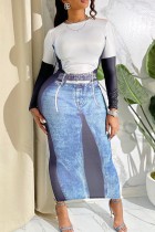 White Blue Casual Print Patchwork O Neck Long Sleeve Dresses