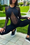 Svarta sexiga Patchwork Genomskinliga O-hals Skinny Jumpsuits