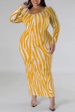 Yellow Casual Print Hollowed Out Slit U Neck Long Sleeve Plus Size Dresses