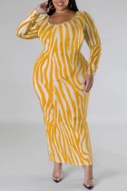 Gele casual print uitgeholde split U-hals lange mouwen plus size jurken