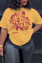 Gelbe, lässige Vintage-Print-Patchwork-T-Shirts mit O-Ausschnitt