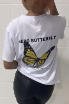 T-shirt bianche casual con stampa vintage con stampa farfalla patchwork o collo