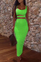 Fluorescent Green Elegant Solid Hollowed Out Patchwork Spaghetti Strap Sleeveless Two Pieces Tank Crop Tops And Skirts Sets