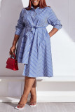Blauw Casual dagelijkse eenvoud Gestreepte asymmetrische jurken met overhemdkraag