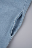 Bleu clair décontracté solide patchwork avec ceinture col rabattu sans manches robes en denim régulières