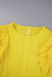 Gele casual effen patchwork O-hals mouwloze jurk Jurken