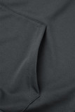 Dark Gray Daily Cute Print Draw String Pocket Hooded Collar Tops