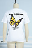 White Casual Vintage Print Butterfly Print Patchwork O Neck T-Shirts