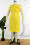 Желтые повседневные однотонные лоскутные платья без рукавов с круглым вырезом и воротником-стойкой