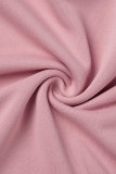 Roze casual schattige print trekkoord zak capuchon kraag tops