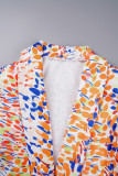 Orange Casual Print Cardigan Turn-back Collar Outerwear