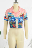 Pink Sexy Print Patchwork POLO collar T-Shirts