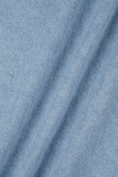 Lichtblauw Casual effen patchwork met riem, kraag, mouwloos, normale denimjurken