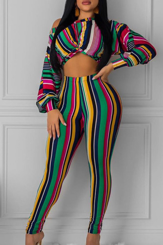 Green Casual Striped Patchwork O Neck Long Sleeve Two Pieces