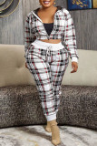 Pink Casual Plaid Print Patchwork Hooded Collar Plus Size Two Pieces