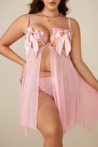 ピンクのセクシーなリビングソリッド中空シースルーバックレス弓スパゲッティストラッププラスサイズパジャマ